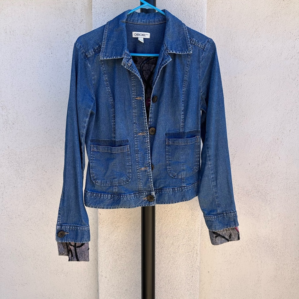 Cherokee Blue Jean Jacket with Pink Floral Embroidery - Picture 3 of 5